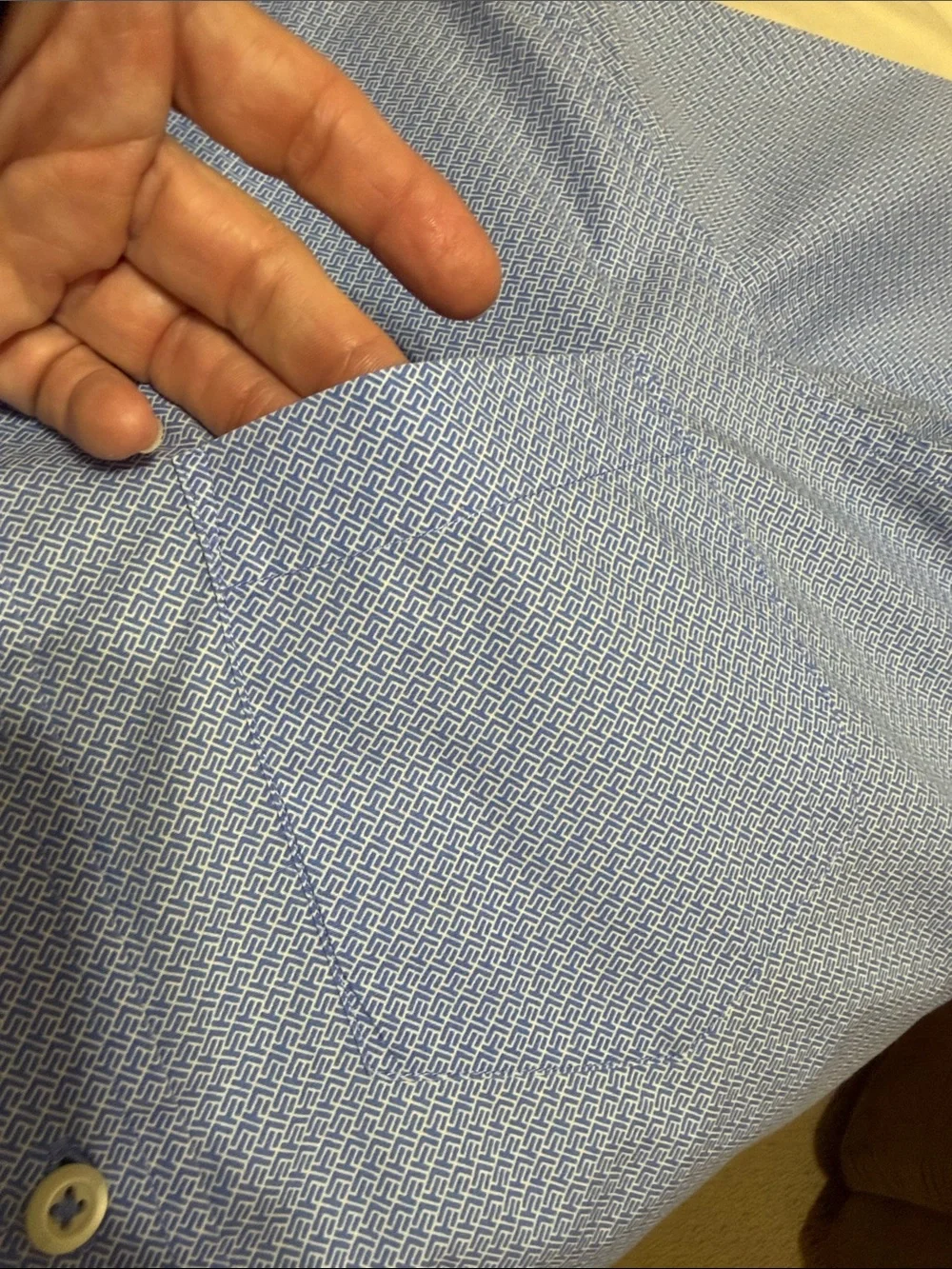 Banana Republic Mens Light Blue with White Geometric Pattern-Short Sleeve Shirt.
